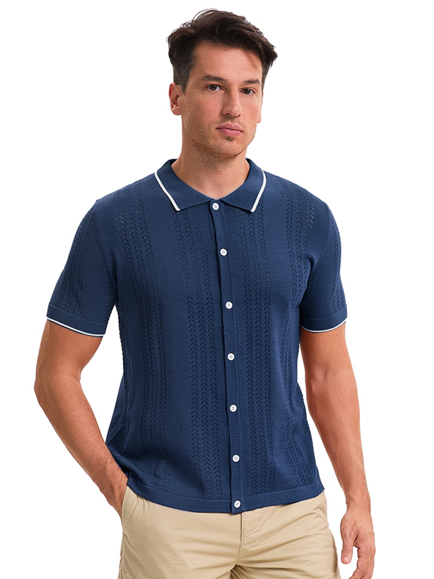 DARING DIVA Men's Knit Button Down Casual Vintage Short Sleeve Polo Shirt XXL Navy