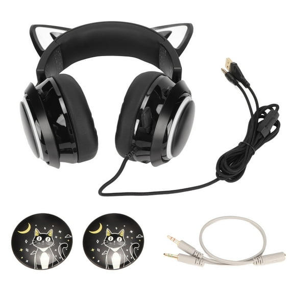 Gaming Headset 8 Color Light Effects 3 Sound Modes 3.5mm USB Cat Ear PC Gaming Headphones Black
