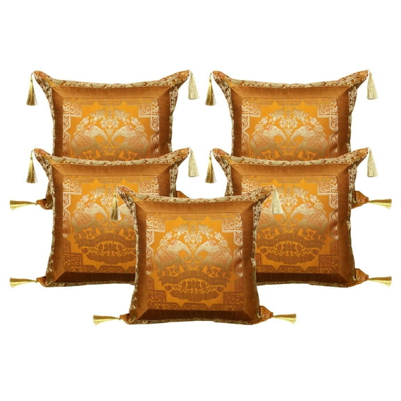 Stylo Culture Ethnic Brocade Home Decor Throw Pillow Covers Mustard Yellow Gold 18 x 18 Jacquard Tassels Couch Cushion Covers 45x45 cm Polydupion Silk Zippered Elephant Pillowcases | Set Of 5
