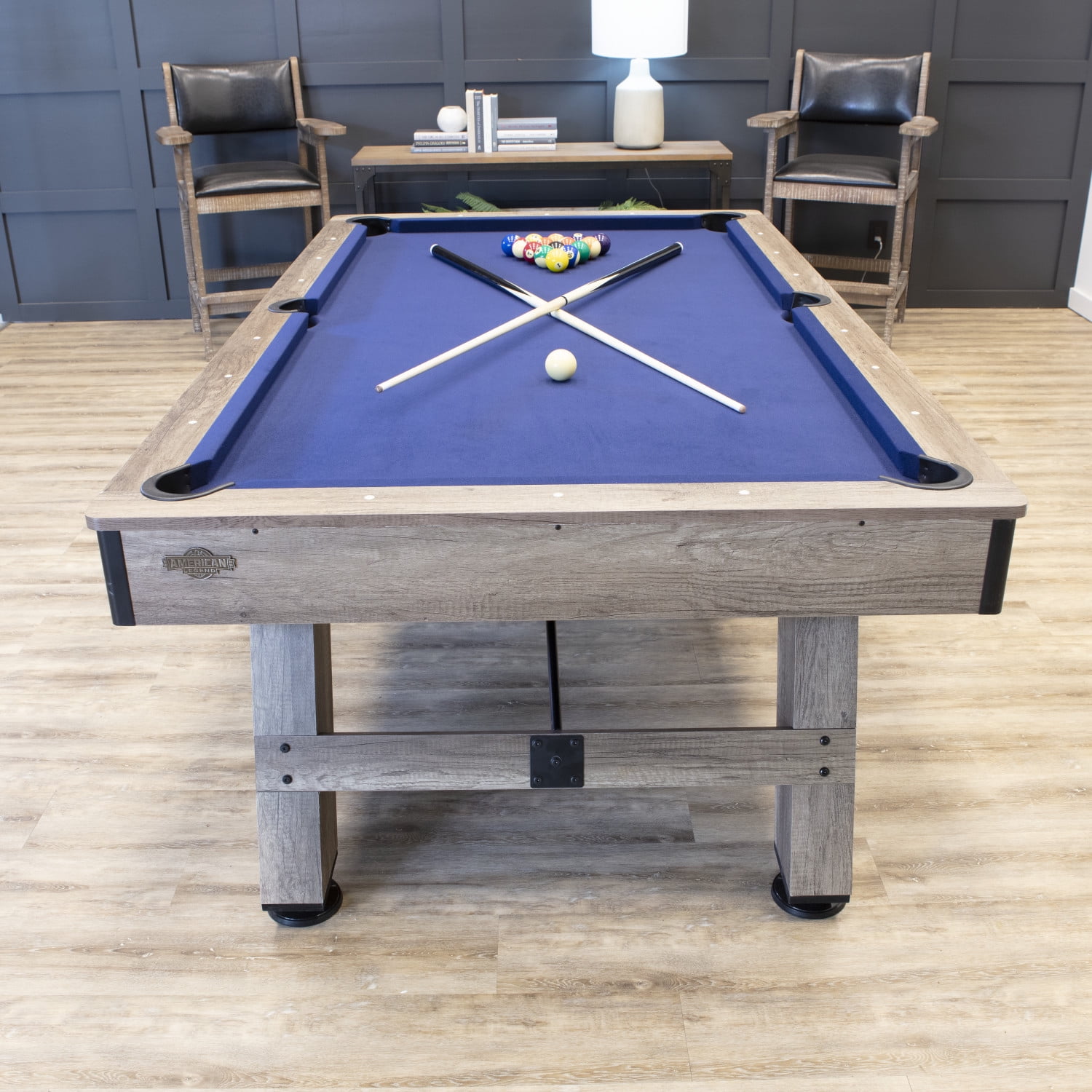 American Legend Brookdale 90” Billiard Table with Rustic Wood Finish and Navy Blue Cloth 