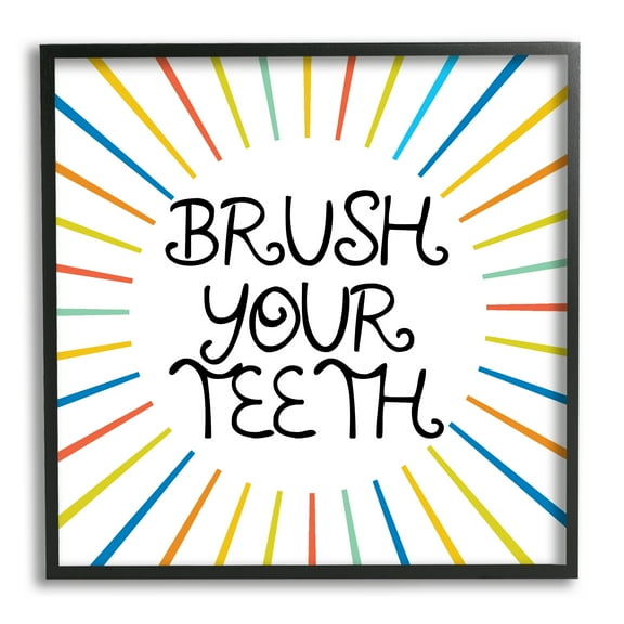 Stupell Industries Kids' Brush Your Teeth Bathroom Rules Rainbow Stripes Typography Painting Black Framed Art Print Wall Art, 12 x 12