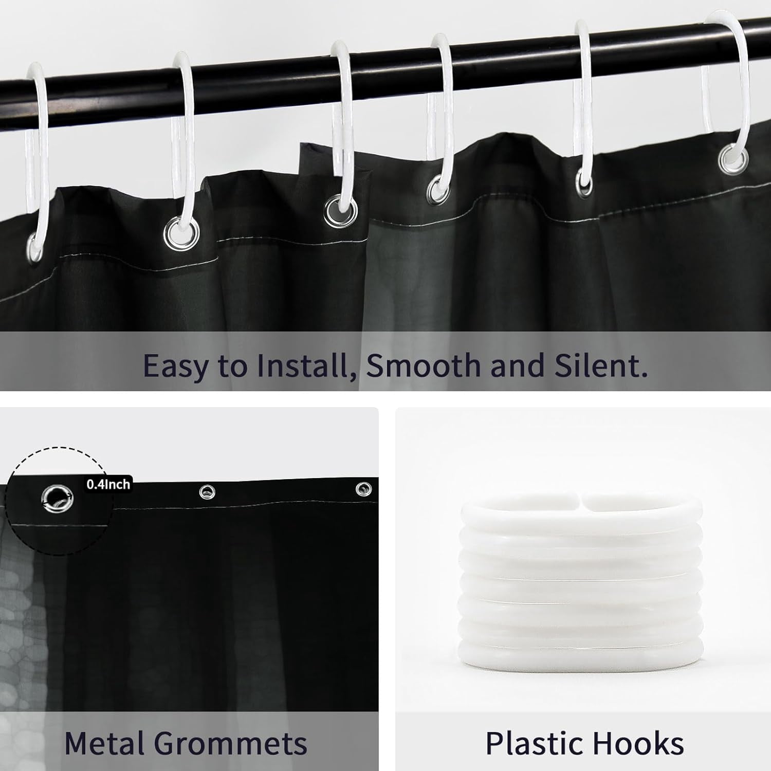 Black Grey Shower Curtain Set for Bathroom, Cool Glass Texture Ombre Abstract Modern Fabric Shower Curtain with Hooks, 72 x 72