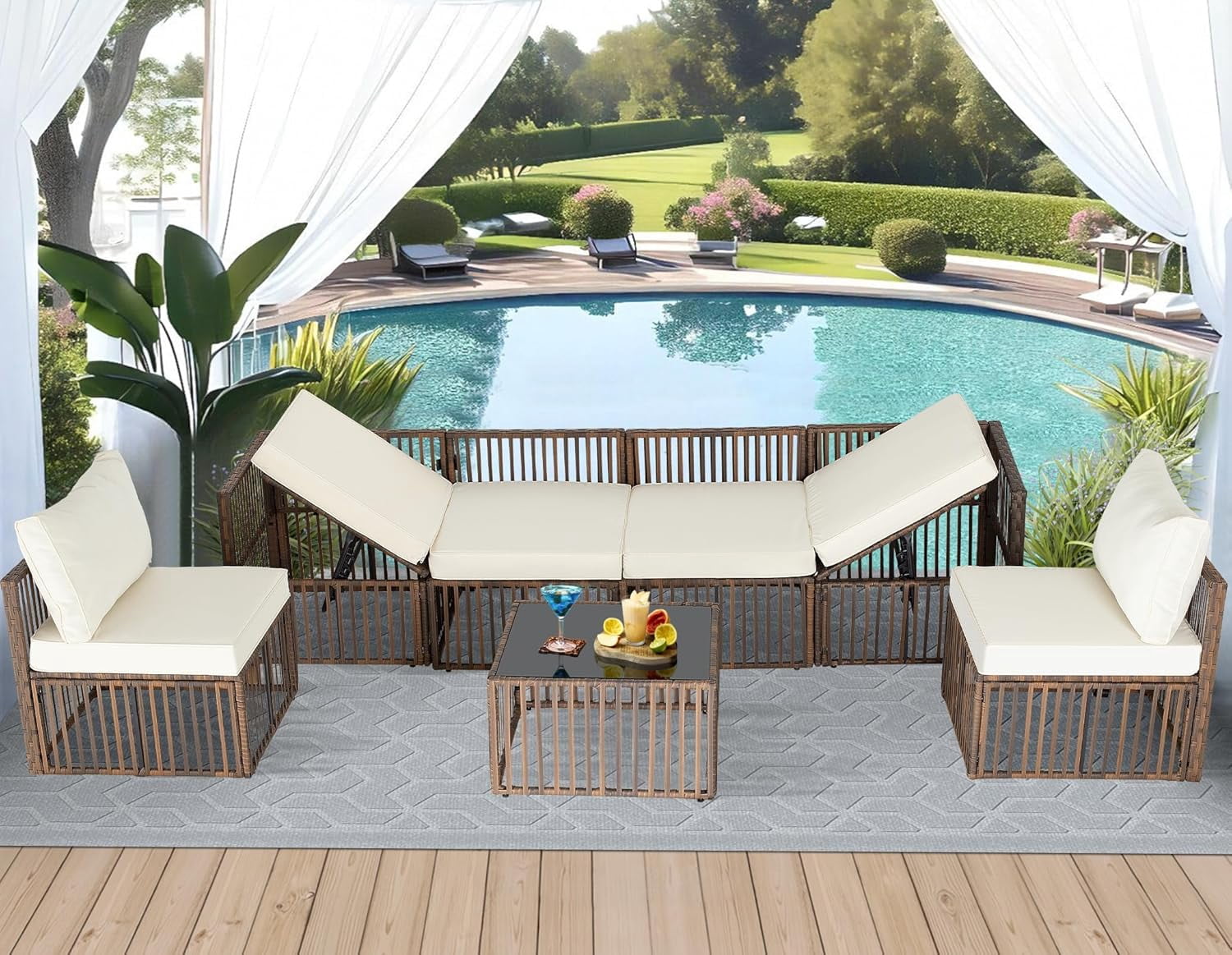 Ainfox 7 Pieces Outdoor Wicker Patio Furniture Set, Adjustable Backrest Sectional Conversation Couch with Thick Cushions & Coffee Table for Garden Porch Poolside, Brown/Beige