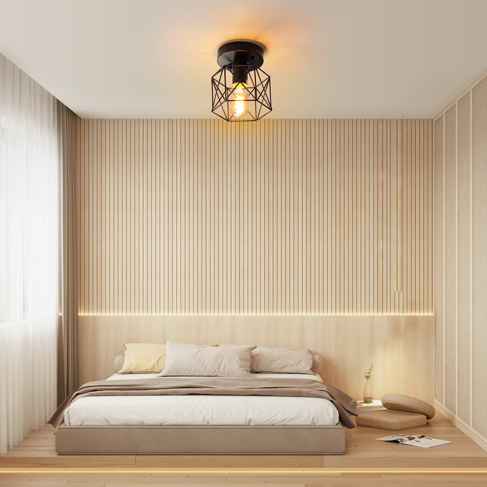 Industrial Metal Cage Flush Mount Ceiling Light Fixture - E26 for Kitchen and Bedroom Lighting