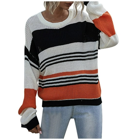 JINMGG 2024 Fall Winter Plus Size Sweaters for Women Clearance,Fashion Women Casual Three-color Stitching Striped Long-sleeved Sweater