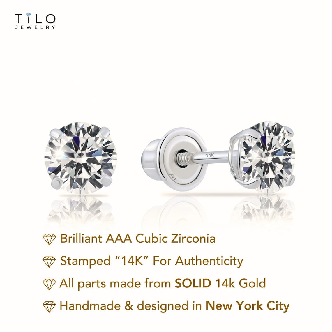 3 PAIR SET! 14K White Gold Solitaire Round CZ Stud Post Earrings with Secure Screw-backs | 2.5mm, 3mm, 4mm | Women, Men, Unisex