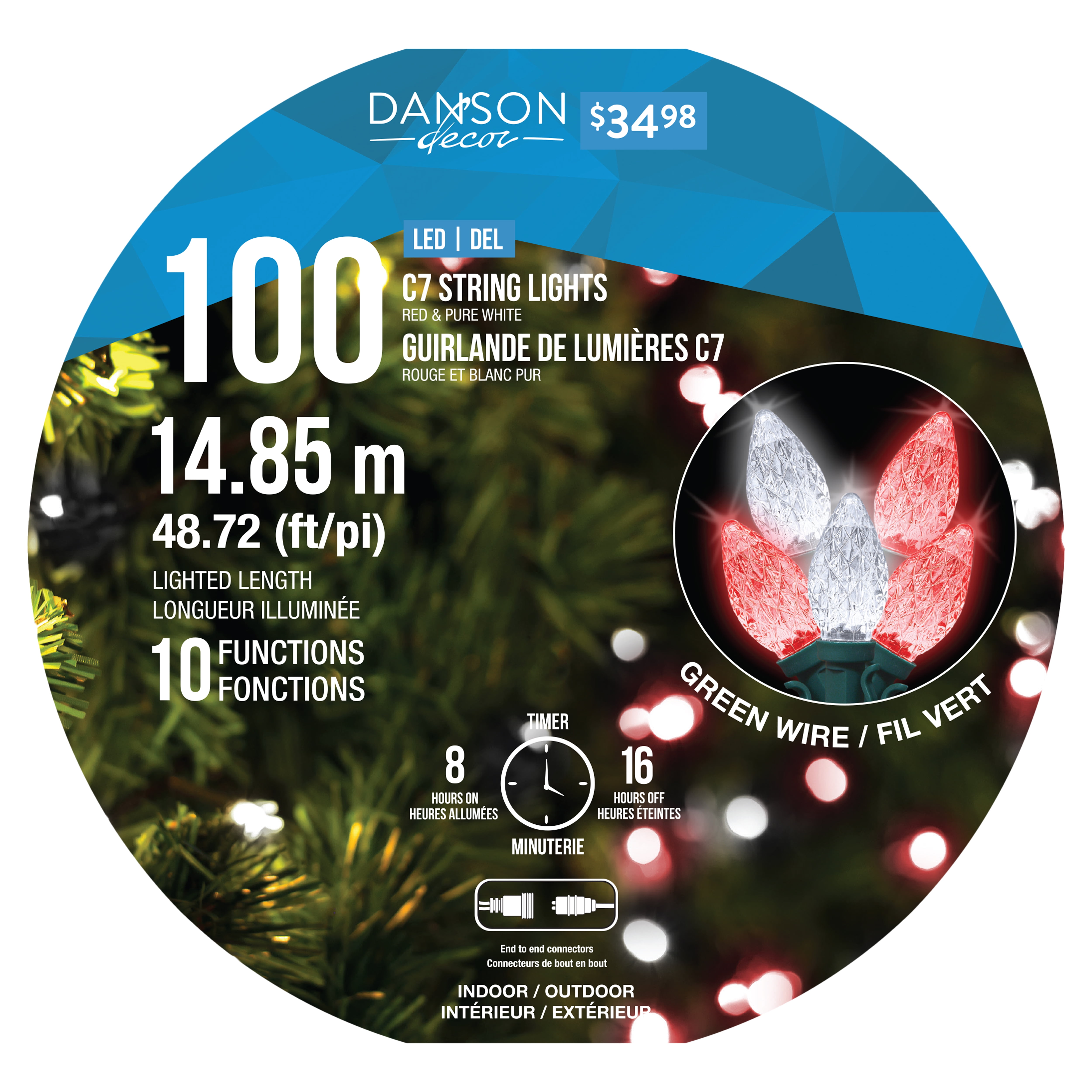 Danson Décor 100 C7 Plug In LED String Light, Red/ White