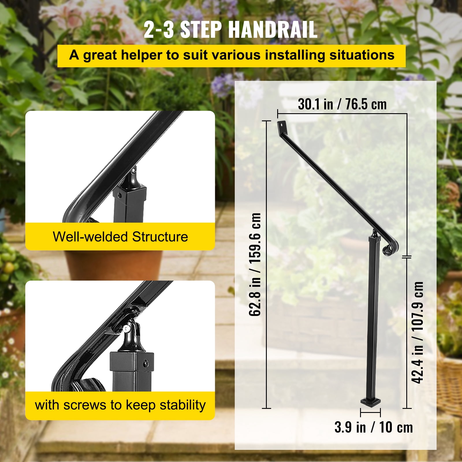 BENTISM 2 Step Handrail Iron Railings for Outdoor Steps 40 MM Pipe Iron Handrail Stair Railings for Steps Black Iron Railings for Steps Wrought Iron Handrail Step Railing Handrails
