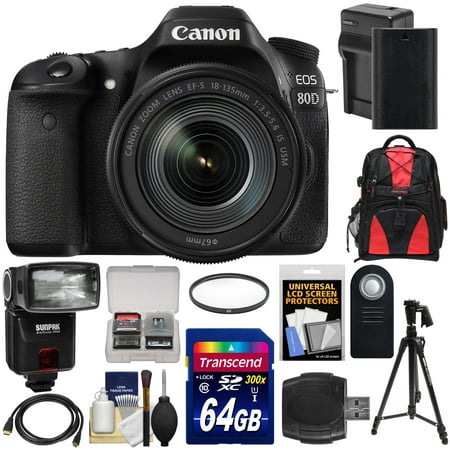 Canon EOS 80D Wi-Fi Digital SLR Camera & EF-S 18-135mm IS USM Lens with 64GB Card + Battery & Charger + Backpack + Filter + Tripod + Flash + Kit