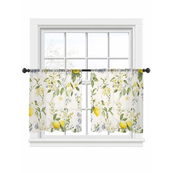 Summer Lemon Sheer Curtains 2 Panels Set Flowers Leaf Vintage Farmhouse Botanical Sheer Window Curtains Light Filtering Rod Pocket Voile Drapes for Bedroom Living Room 52"x54"
