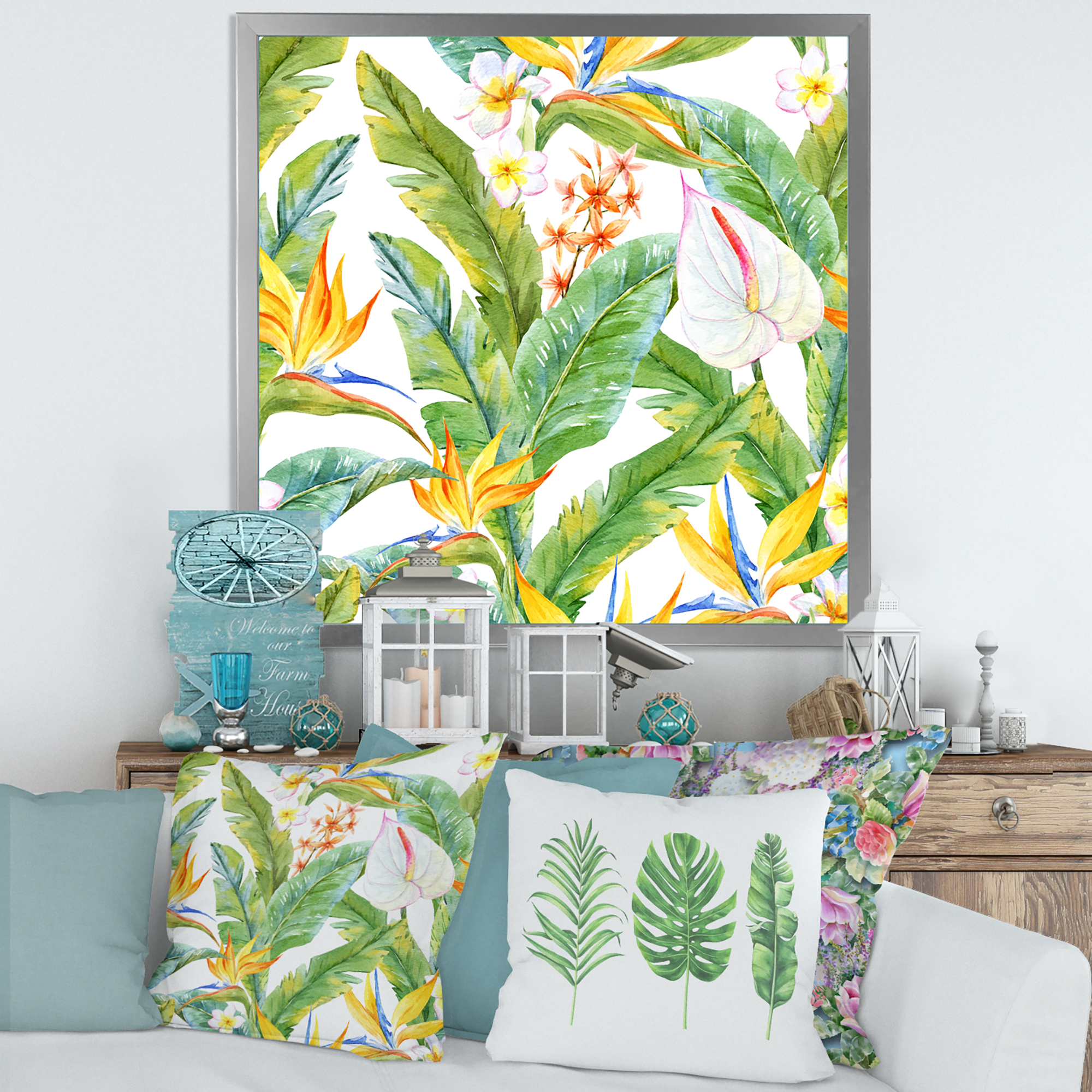 Designart 'Yellow Flowers and Tropical Foliage II' Modern Framed Art Print