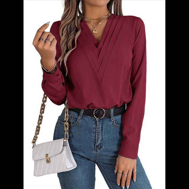 Blusa Plisada de Larga con Cuello en V para Mujer, Ideal para Oficina Rojo M