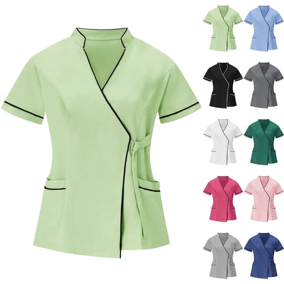 HAOTAGS Scrub Tops for Women V-Neck with Pockets, Soft Stretch Medical Uniform Top Breathable Scrub Shirt Green L