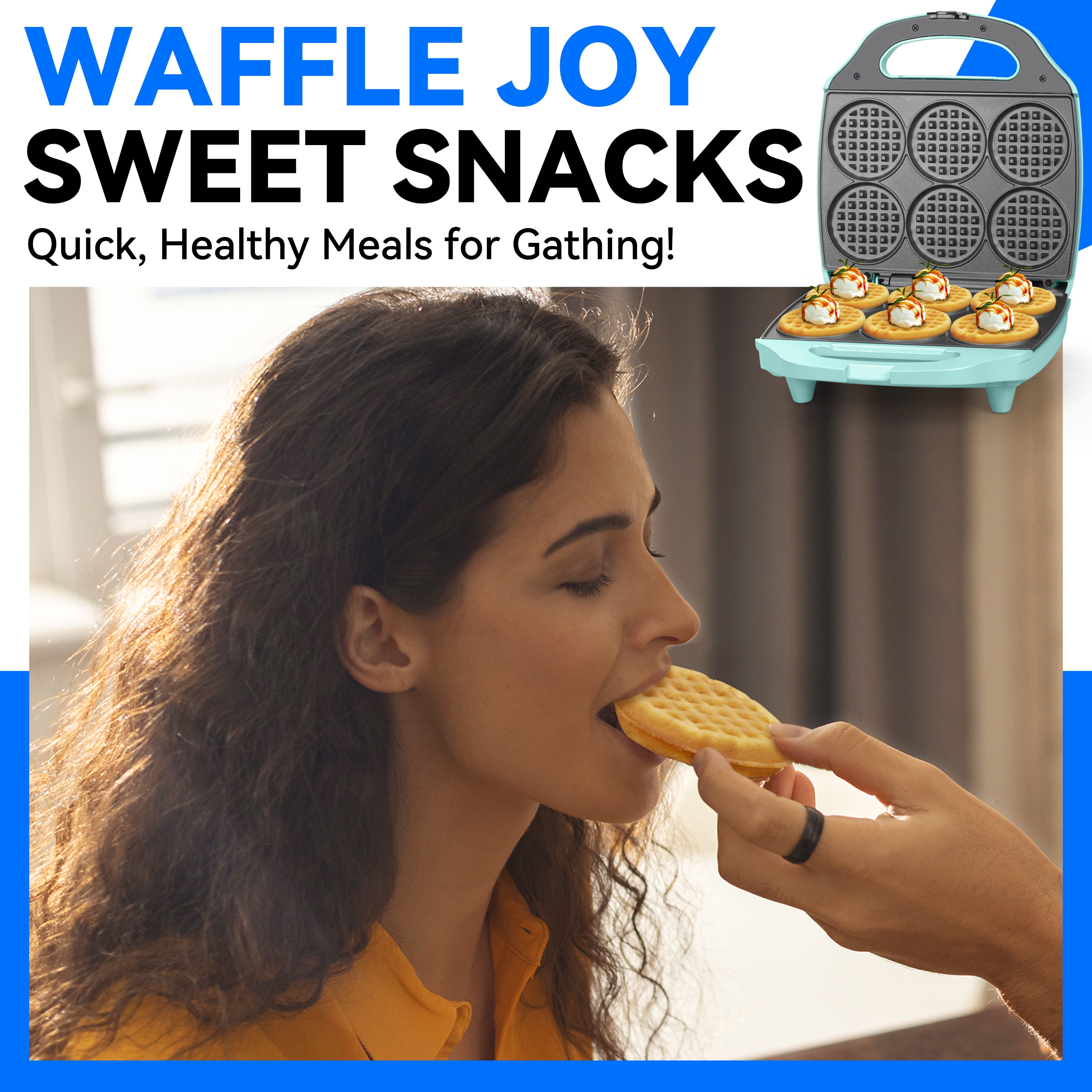 Mailand 6 x 3'' Multi Mini Waffle Maker Machine, Small Waffle Bites Iron, Non-stick, Aqua