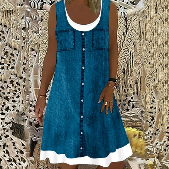 Usmixi Formal Dresses for Women Plus Size Fashion Fake 2 Pieces Loose Swing Tank Midi Dresses Scoop Neck Sleeveless Solid Summer Knee-Length Dress Brown XXXXXL