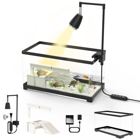 Turtles & Aquatic Tank Kit Pets 7.8 Gallon Terrarium with Basking Platform & Timed Heat Lamp & Rain Filter, 19.7 L x 9.5 W x 9.6 H