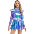 thumbnail image 2 of Oyolan Womens Alien Robot Fancy Dress Metallic Shiny Long Sleeve Dress with Belt Carnival Party Outfits Blue S, 2 of 7