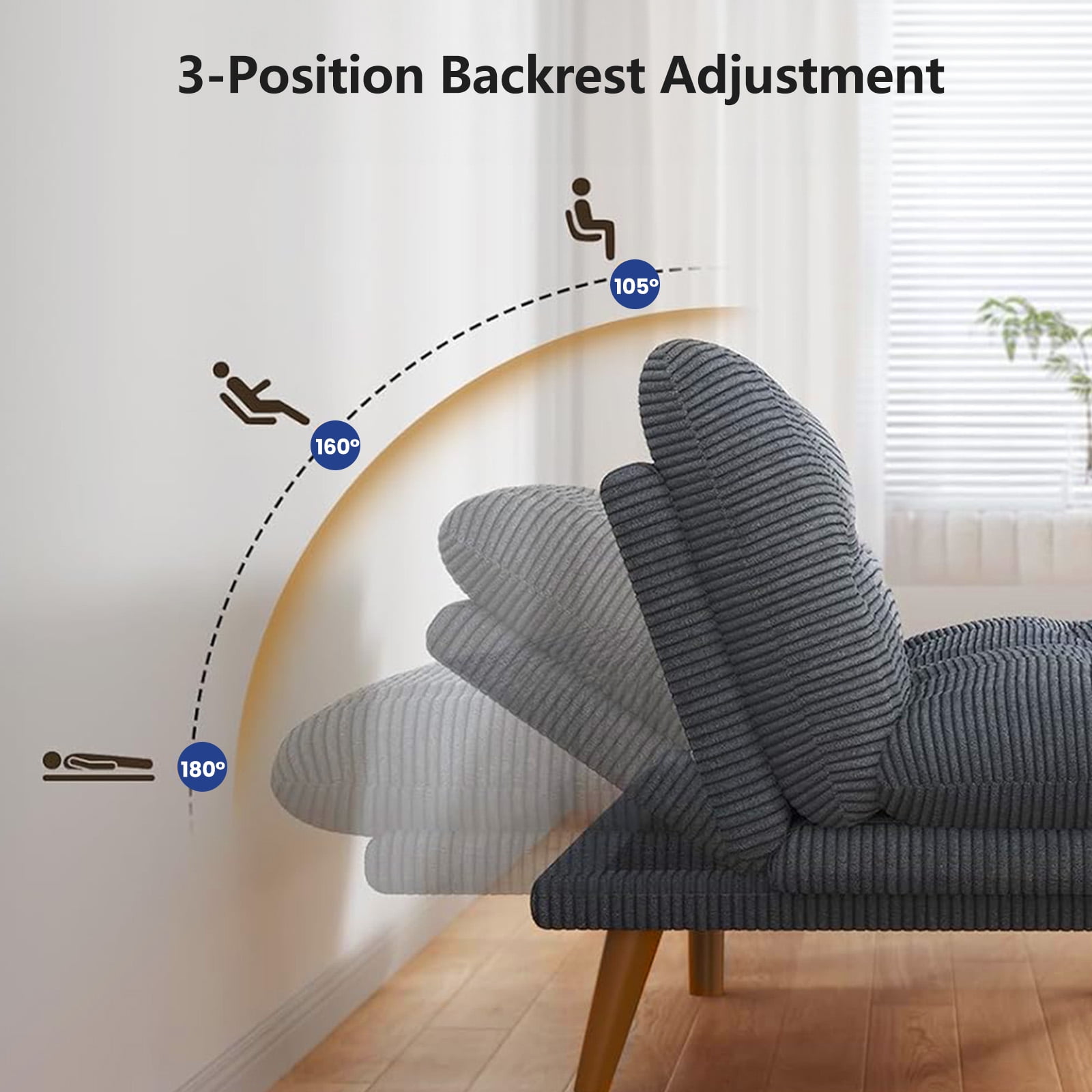 CHITOOMA 66" Futon Sofa Bed with Adjustable Backrest and 6-Level Armrests, Grey Corduroy Convertible Futon Couch, Comfy Loveseat for Small Spaces, Apartment or Office