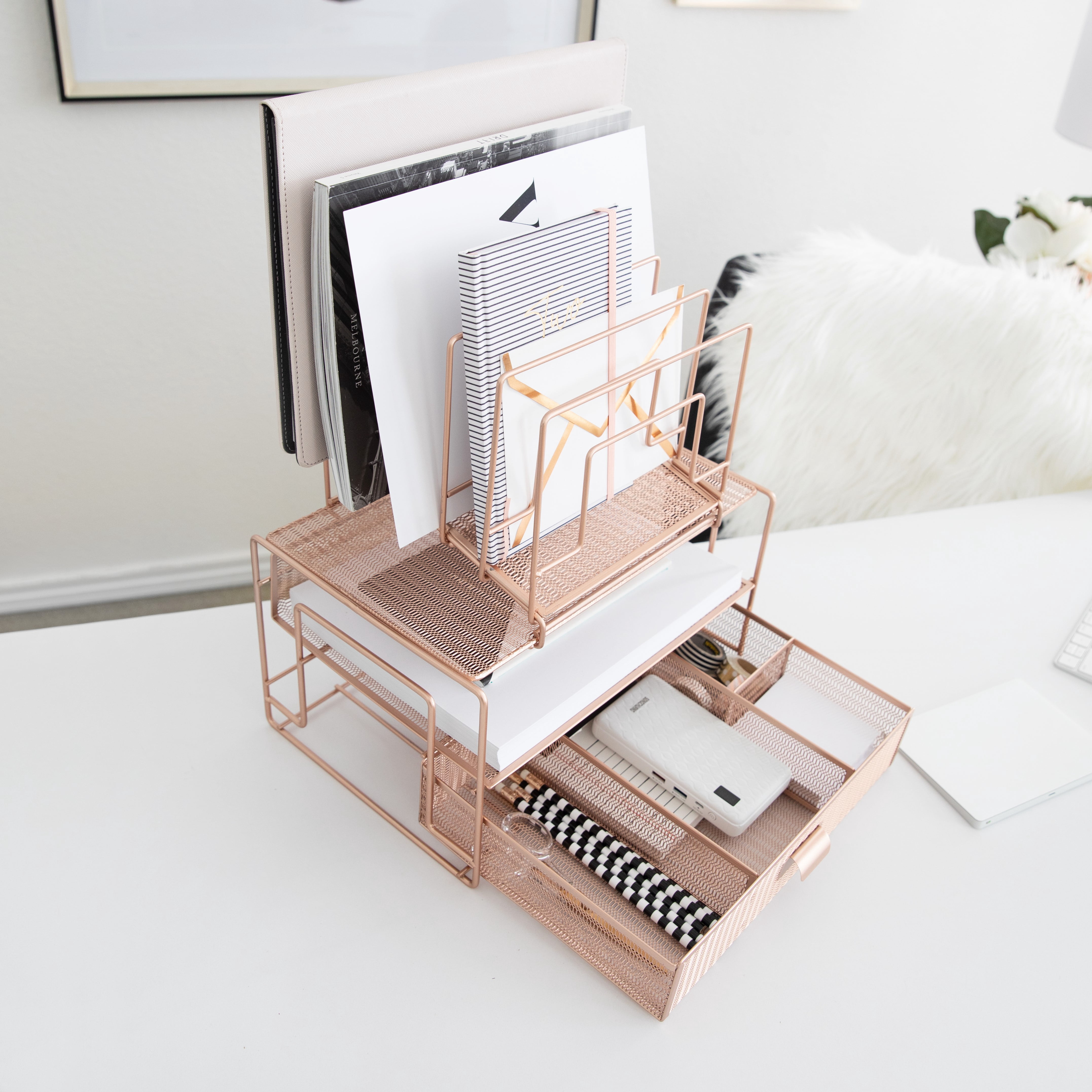 Blu Monaco Workspace Rose Gold Desk Organizer and Accessories Desktop Rack with File sorters and Drawer for Office Supplies, Paper, Device and Folder
