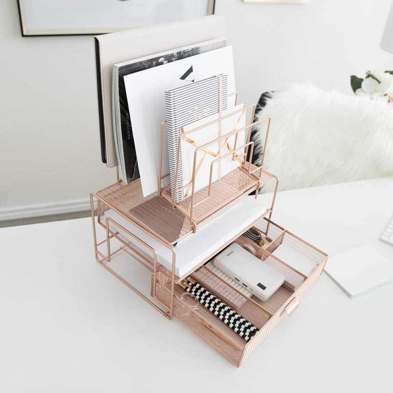 BLU MONACO White Wood Desk Organizer with Drawer and Gold Handle