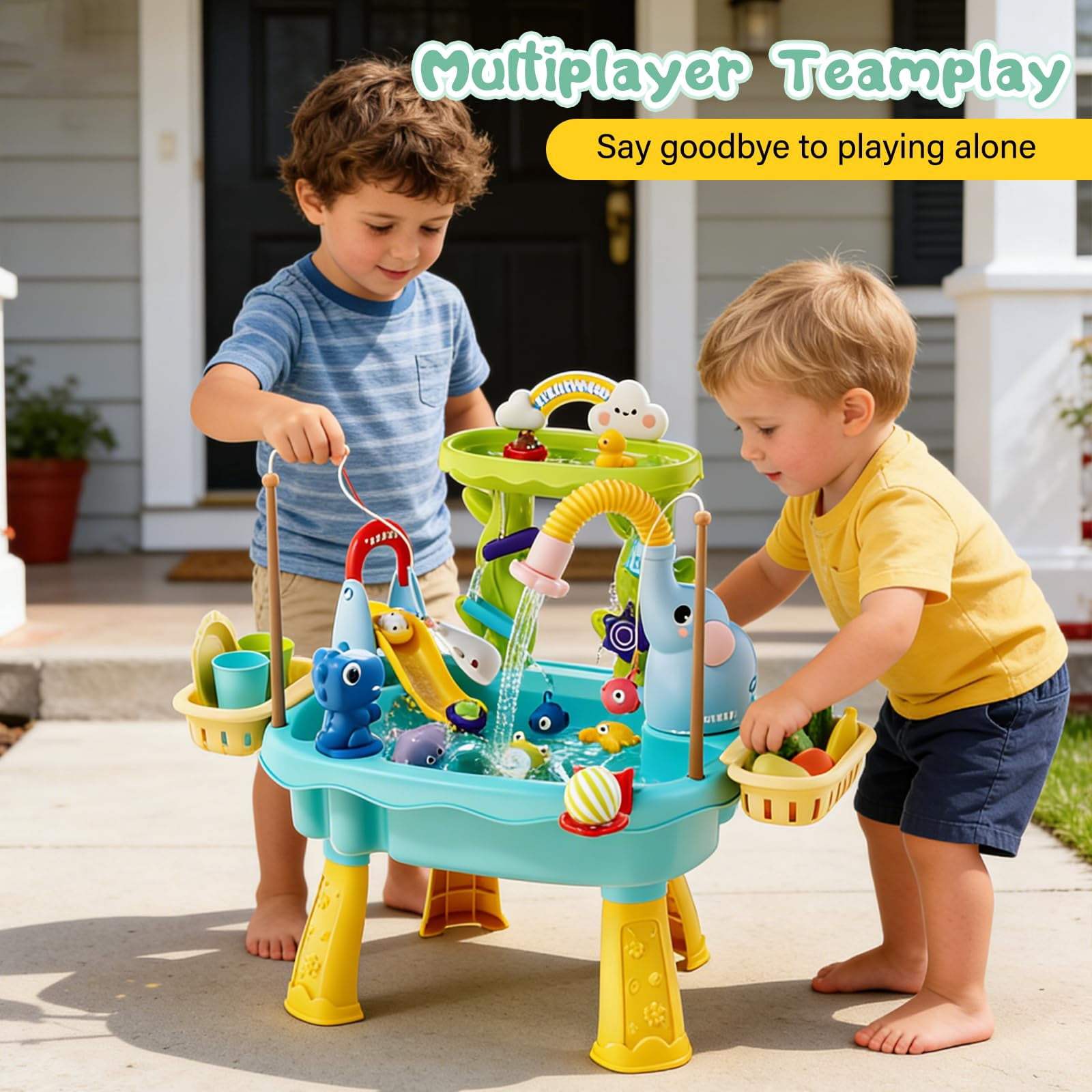 Simulation Kitchen Play Sink Water Table 2026 New Style, Electric Pump Faucet Sand Water Table with Fishing & Play Food Accessories