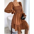 thumbnail image 4 of Women'S Square Neck Lantern Long Sleeve Ruffle Shirred Flowy Party Mini Dress Light Brown M, 4 of 9