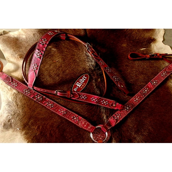 Horse Western Riding Leather Bridle Headstall Breast Collar Tack Pink 76129