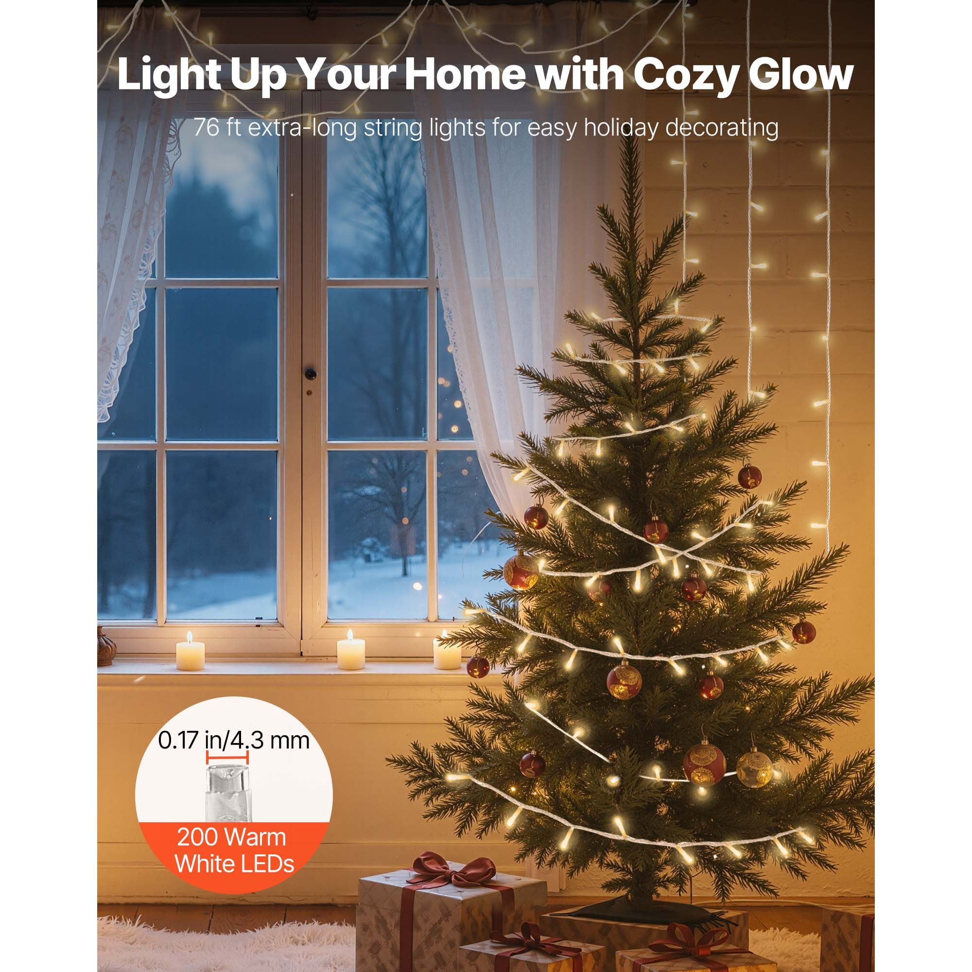 76FT 200 LED Warm White Christmas String Lights, 2800K Plug-in Fairy Lights 8 Modes Memory Function, 6H Timer IP44 Waterproof, Connectable up to 4 Sets Indoor Outdoor Holiday Decor