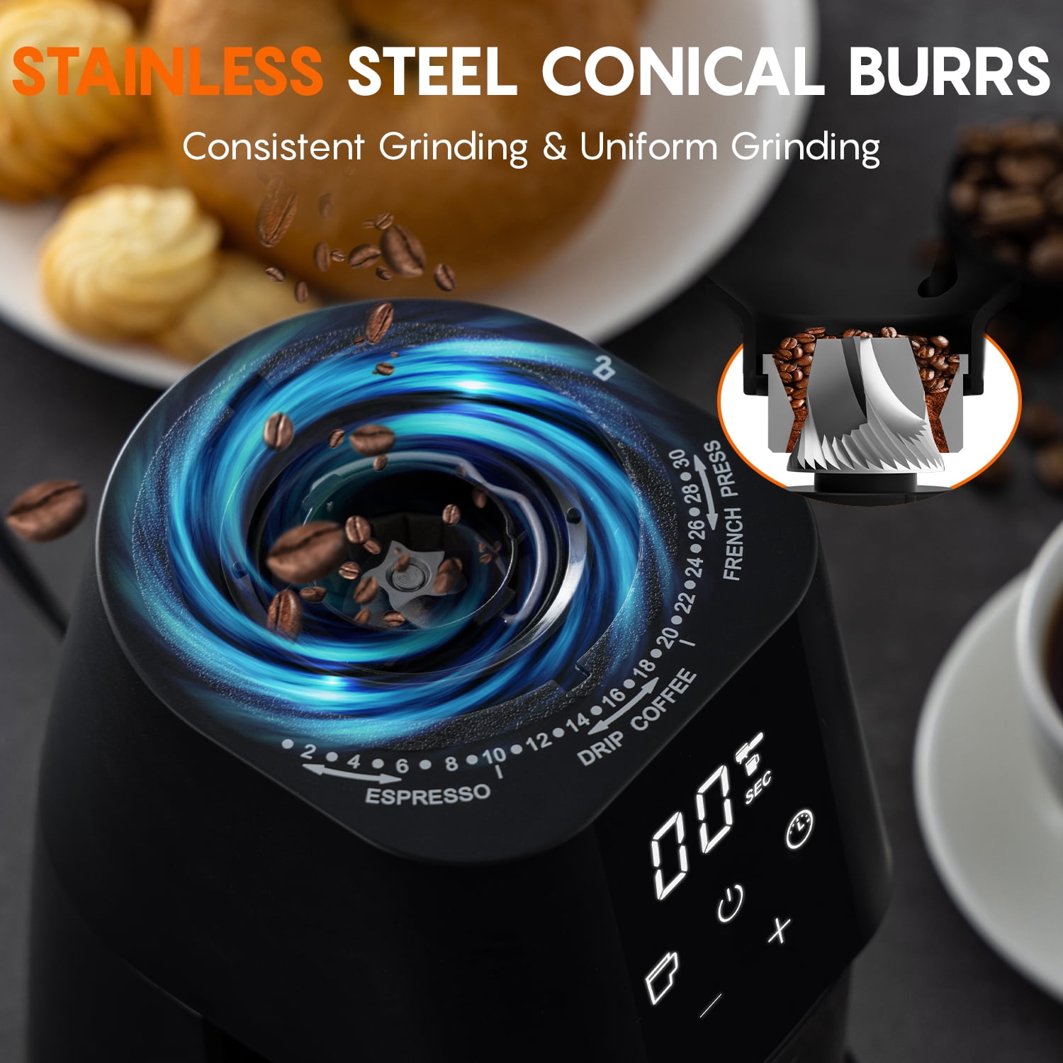 Ollygrin Conical Burr Coffee Grinder Electric Coffee Bean Grinder with LCD Screen 30 Grind Settings Burr Mill Grinder, 2-12 Cups