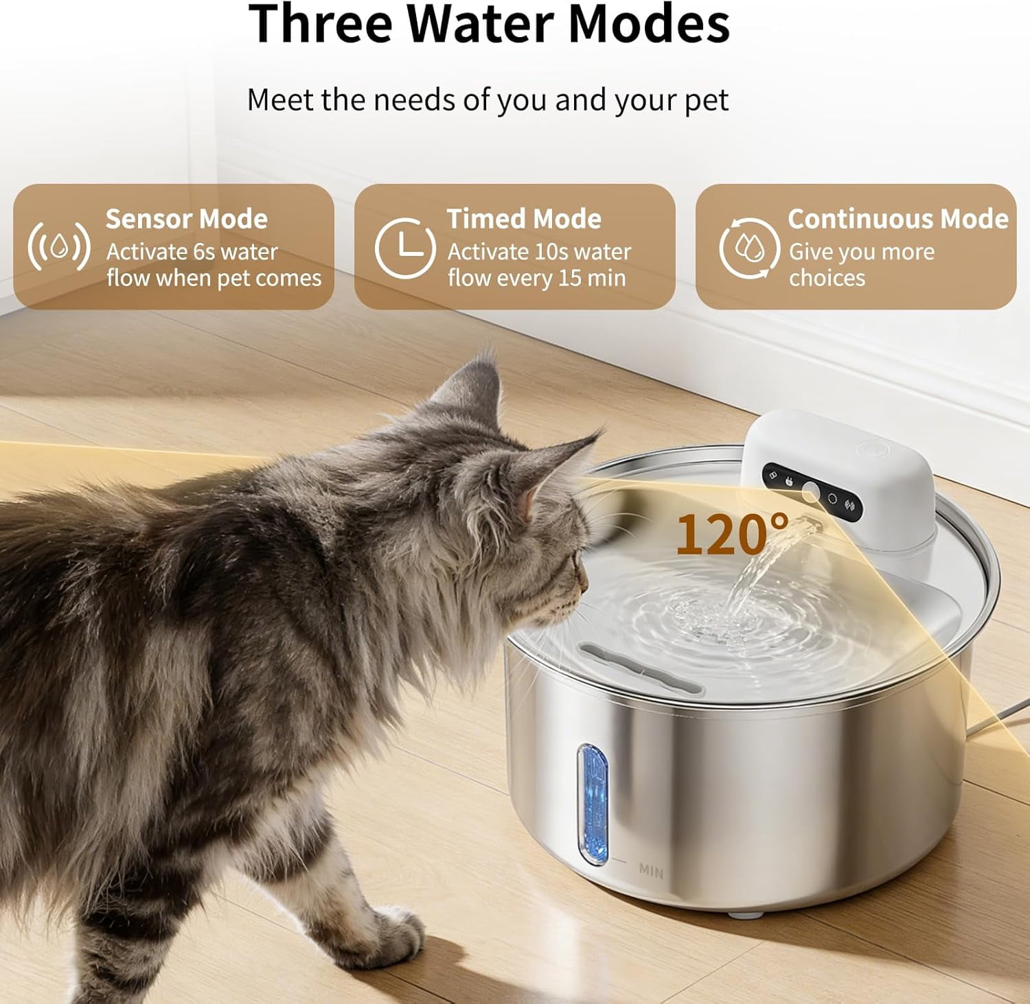 ZKSCOOL Wireless Cat Water Fountain, 108oz/3.2L Battery Operated Pet Water Fountain, Stainless Steel Dog Water Dispenser with Motion Sensor, Quiet Cordless Cat Fountain for Inside