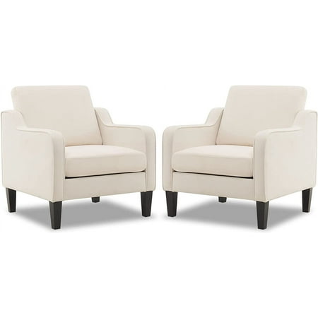 VINGLI Mid-Century Accent Chairs, Upholstered Linen Armchairs for Living Room/Bedroom, Beige (Set of 2)