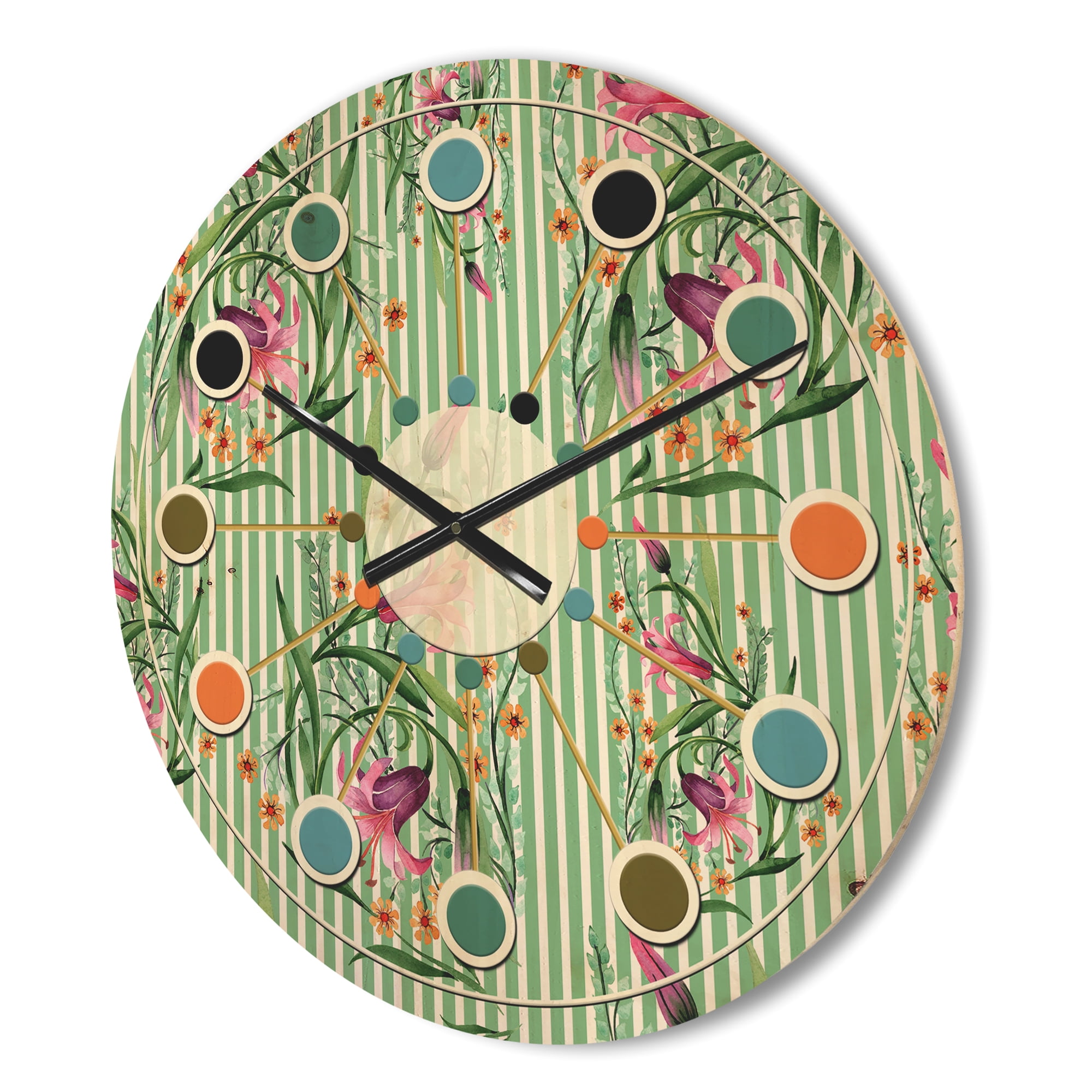 Designart 'Botanical Floral Retro IX' Mid-Century Modern Wood Wall Clock