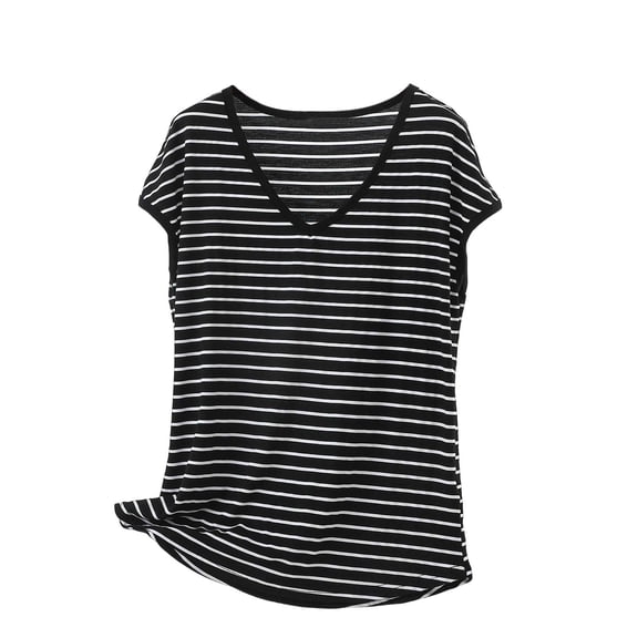 hoksml Women's V-Neck Striped Cap Sleeve T-Shirts Casual Loose Fit Modal Cotton Blend Summer Tops for Daily Wear