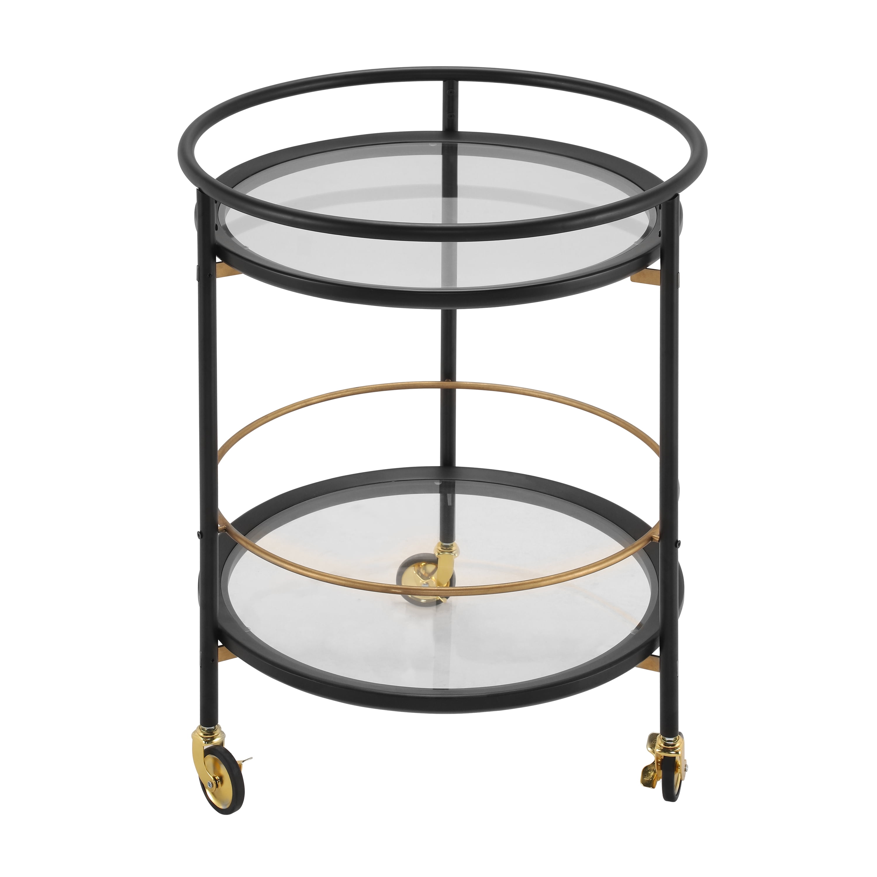 Round Bar Cart with Tempered Glass Shelves and Gold Accents