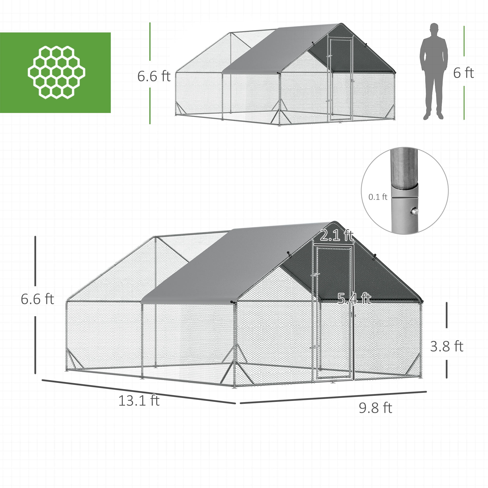 Large Chicken Coop Metal Chicken Run with Waterproof and Anti-UV Cover, Spire Shaped Walk in Fence Cage Hen House for Outdoor and Yard Farm Use, 1" Tube Diameter, 9.8' x 13.1' x 6.6'