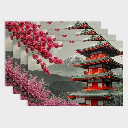 

Fenyluxe 4pcs Pagoda Mountain Pink Flowers Linen Dining Table Placemats for Birthday Parties Christmas and Buffets 18x12in