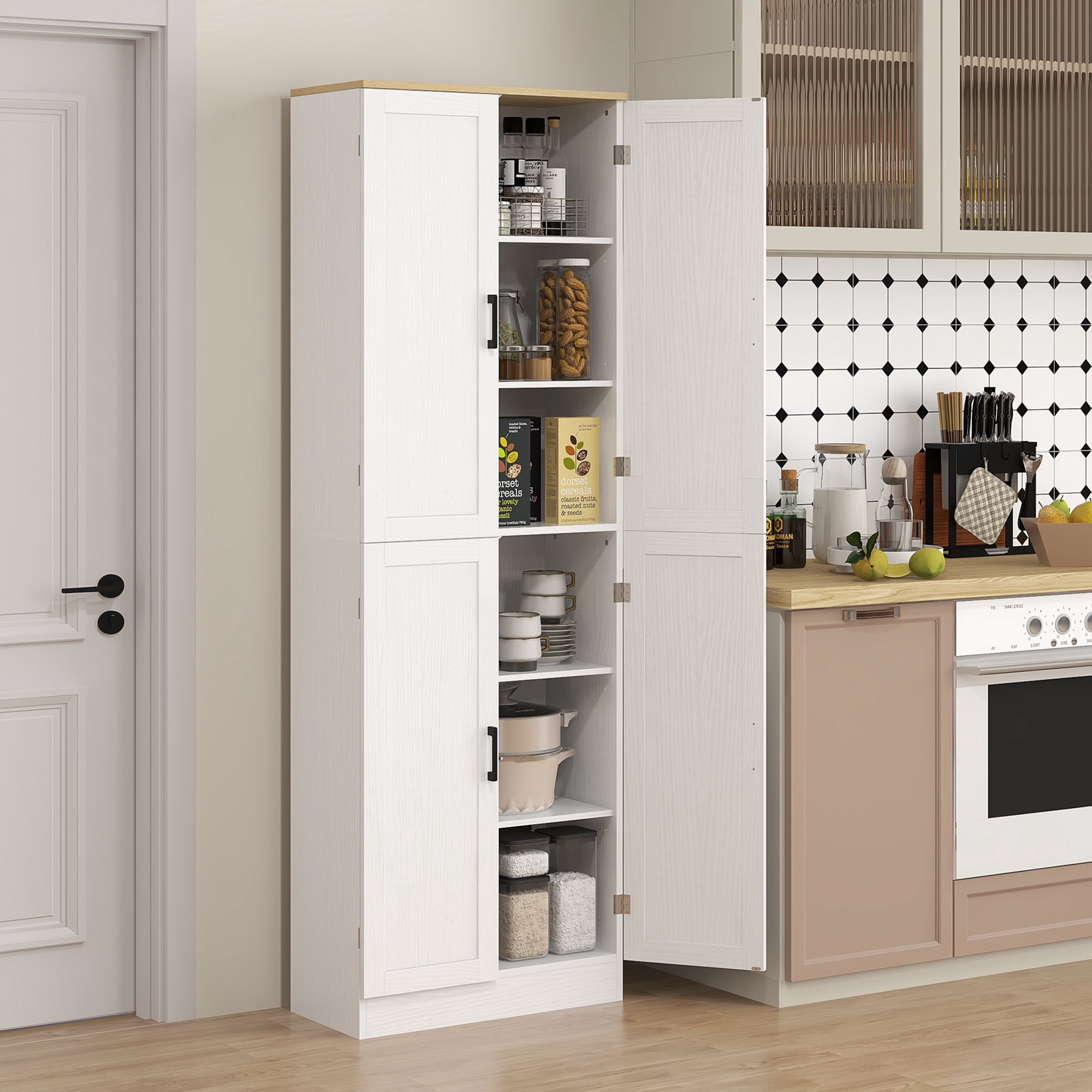 HOMCOM 67" Kitchen Pantry Storage Cabinet w/ Shelves, White Embossed Wood Grain