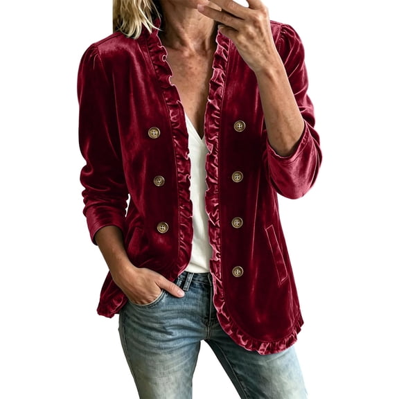 Cmtiyu Jackets for Women Long Sleeve Open Front Double Button Ruffle Jackets Casual Soft Fall Outerwear Jacket with Pockets Wine S-3XL