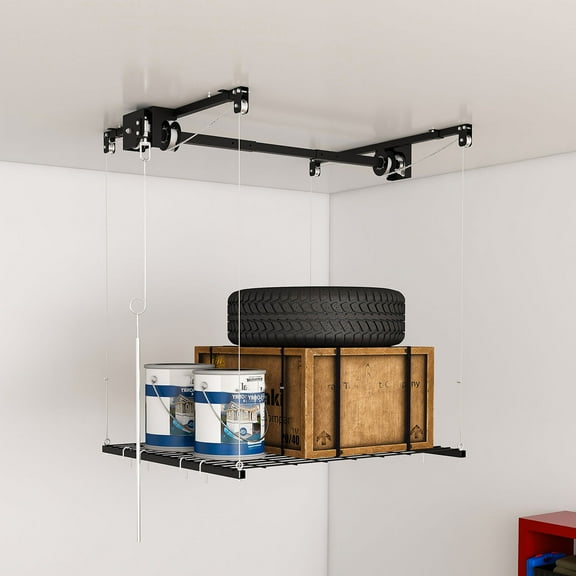 CQSXDA Heavy-Duty Overhead Garage Storage Rack 4x4 FT, 250LB Capacity, Crank-Down System(Self-installation required)