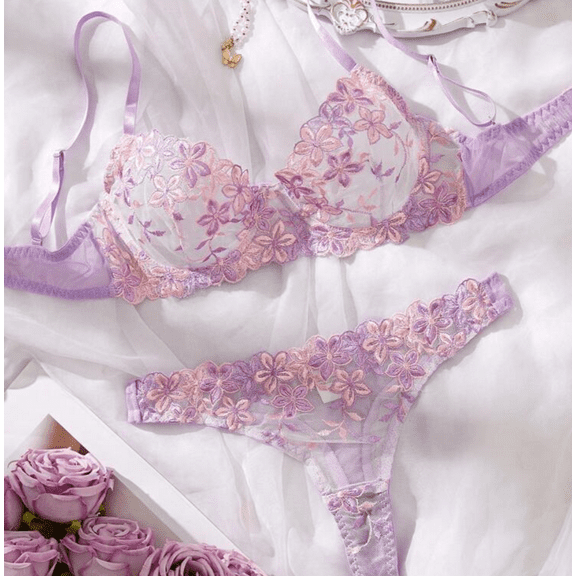 Purple Lingerie Romantic Bra & Panty Set with Underwire