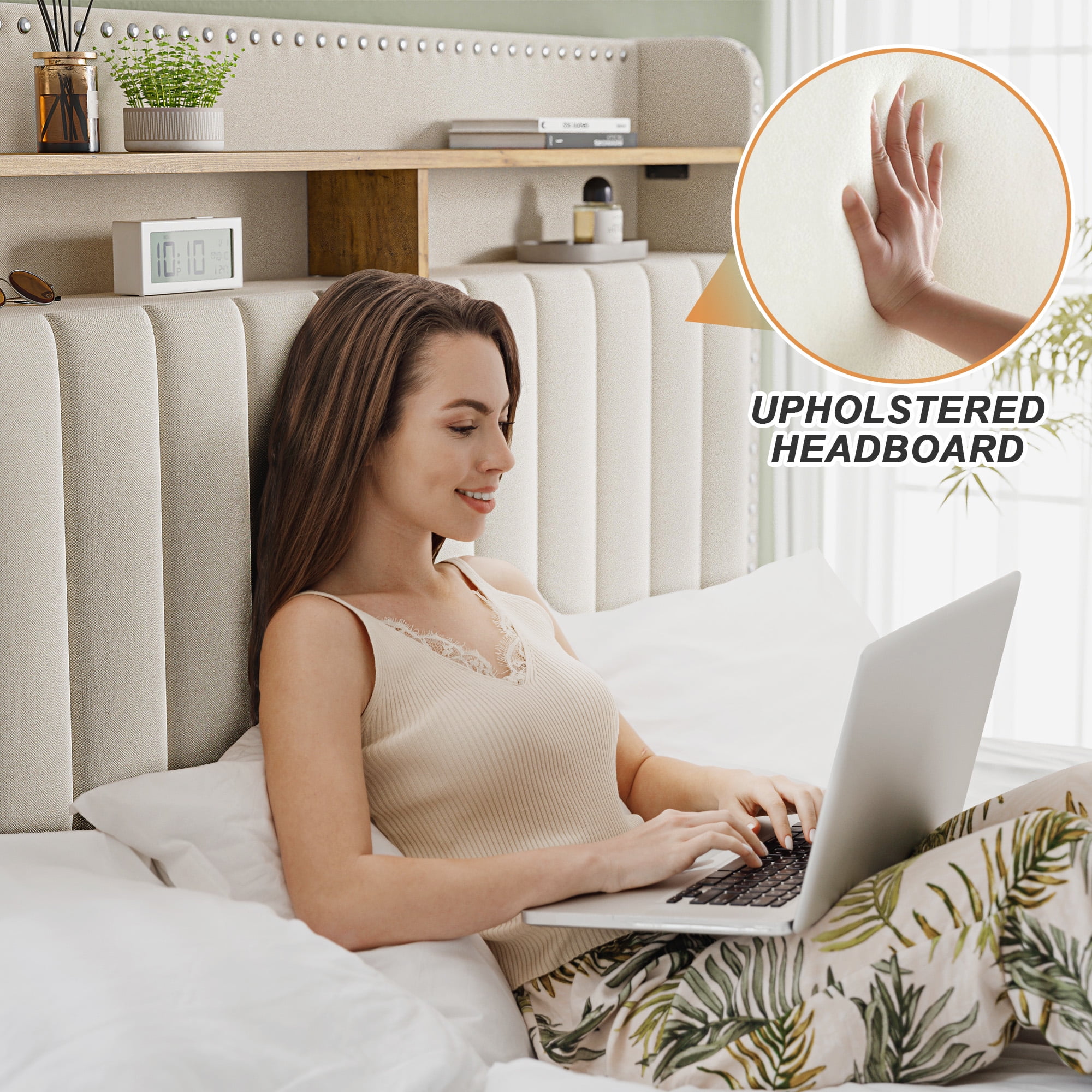 Bed Frame Full Size with Storage Headboard Upholstered Bed Frame with 2 Drawers & Side Storage Pocket,Beige