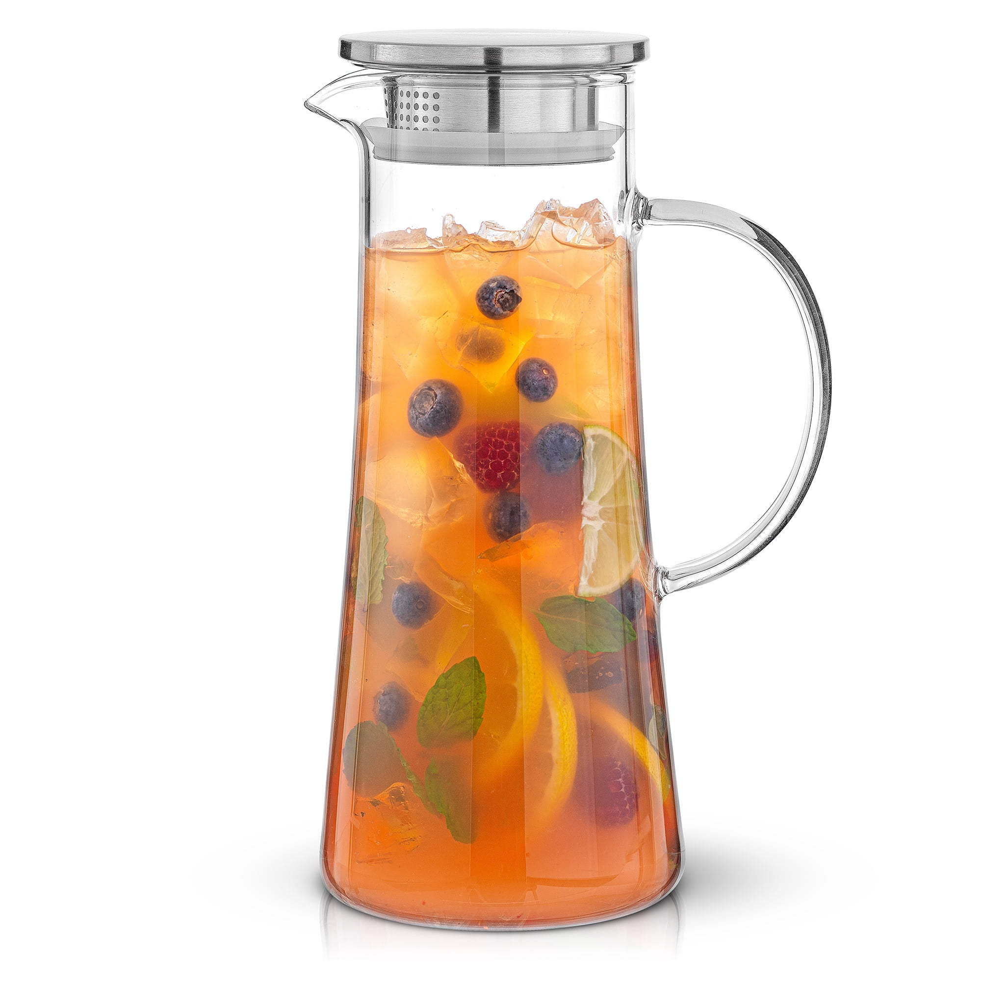 JoyJolt Breeze Glass Pitcher with Stainless Steel Lid and Spout, with Handle, for Water, Juice, Tea, Milk