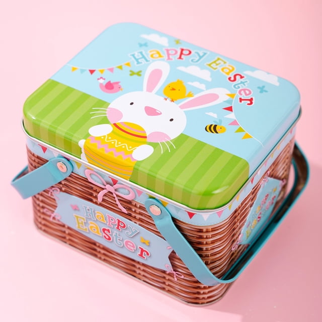 Caja de almacenamiento de hojalata de Pascua | Cesta de tejido de ratán multicolor con asa • Decoración para conejos y flores • Tapa de hojalata duradera • Organizador para huevos, regalos, •