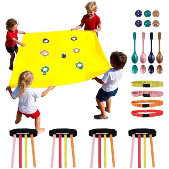 4-in-1 Outdoor Team Challenge Game Set – Includes Hole Tarp Ball Game, Spoon Relay, 3-Legged Race, Tail Tag Game – Party Activity Set for Backyard, Family Gatherings & Team Building