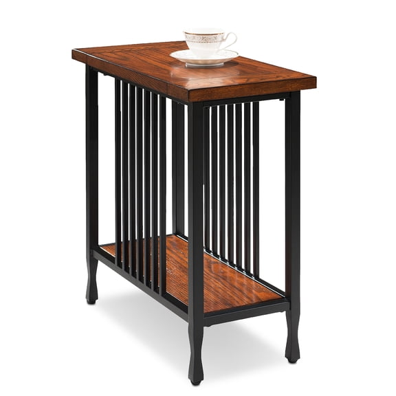 Leick Home Ironcraft Rustic Wood and Metal Narrow Chairside End Table with Shelf, Mission Oak/Matte Black