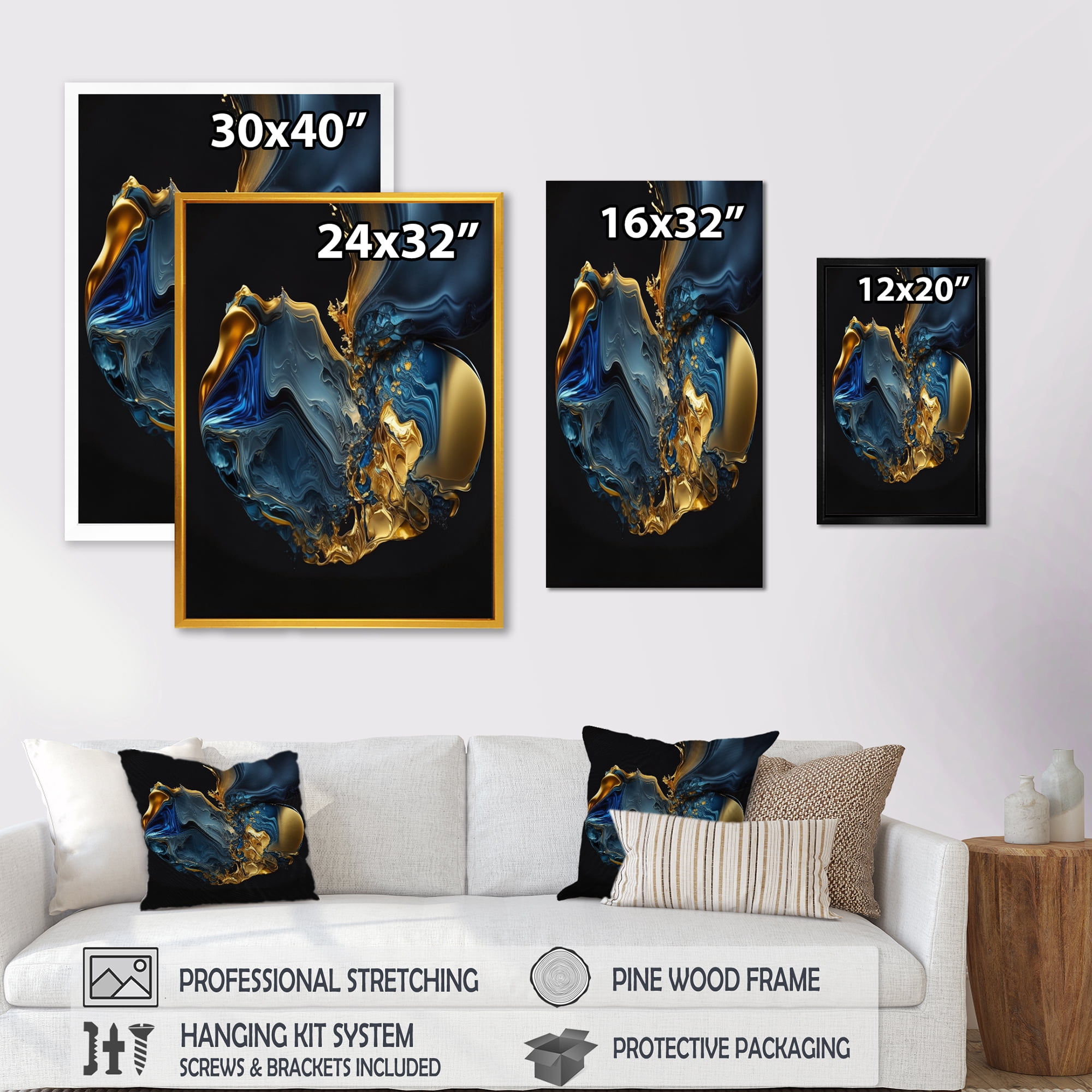 Designart Abstract Marble Geode Blue And Gold Canvas Wall Art