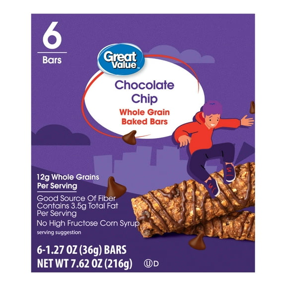 Great Value Chocolate Chip Whole Grain Baked Bars, 1.27 oz, 6 Count