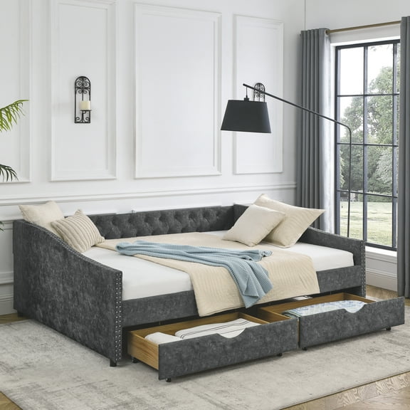 Queen Size Tufted Upholstered Daybed in Grey with Storage Drawers & Nailhead Trim Arms - Mid-Century Style Living Room & Bedroom Furniture (84.5" L x 63.5" W x 26.5" H)