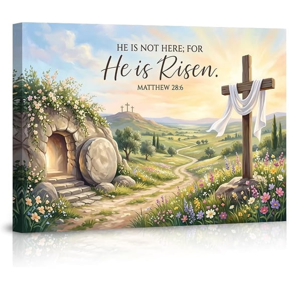 He Is Risen Jesus Easter Canvas Wall Art, Christian Religious Home Decor, Empty Tomb & Crosses Landscape, Matthew 28_6 Inspirational Bible Verse Print
