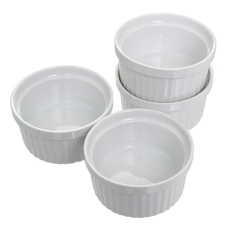 - 4 oz. Porcelain Ramekins (Set of 4) Souffle Cups Dishes Creme Brulee Pudding Custard Cups Desserts White Bakeware